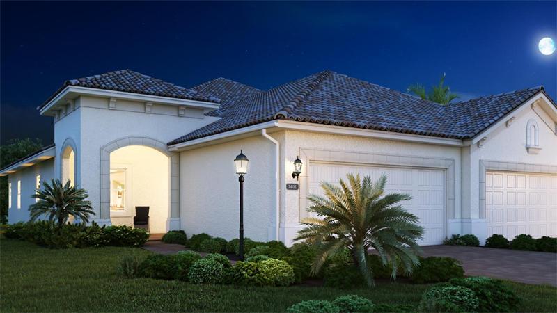 Mirabella’s Daniela villa has great curb appeal with an open and inviting front entryway featuring home and garage access doors.