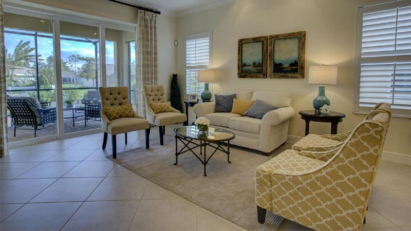 Mirabella’s Daniela living room is cozy, open and has a great view!
