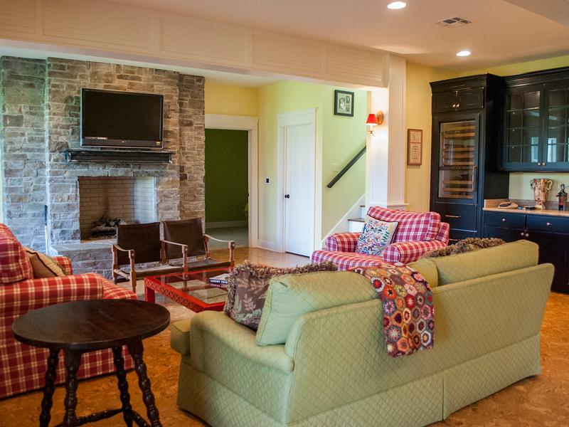 Lower level living room with wetbar and fireplace