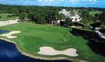 Aerial view of the clubhouse and hole #18 at Indian River Club